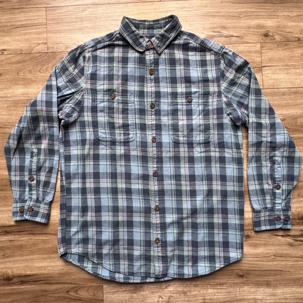 DULUTH Men's Free Swingin' Flannel Slim
Fit Shirt Item 64507 Sz L Blue Plaid - Picture 9 of 13